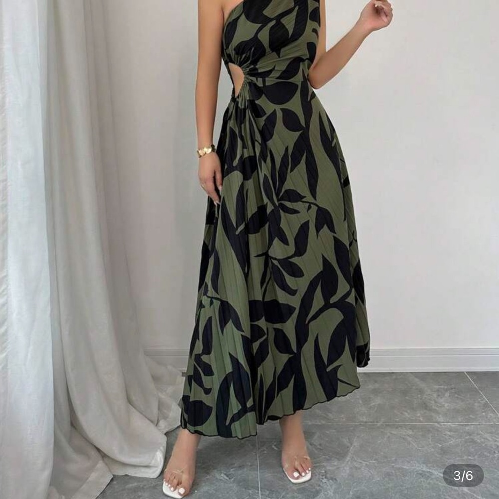 SHEIN One Shoulder Olive and Black Leaf Dress
